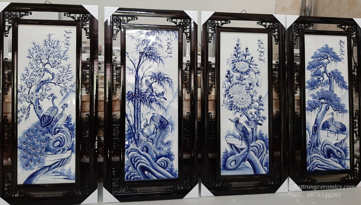 Tranh tứ quý đắp nổi men tràm 50x100cm gốm sứ Bát Tràng sang trọng