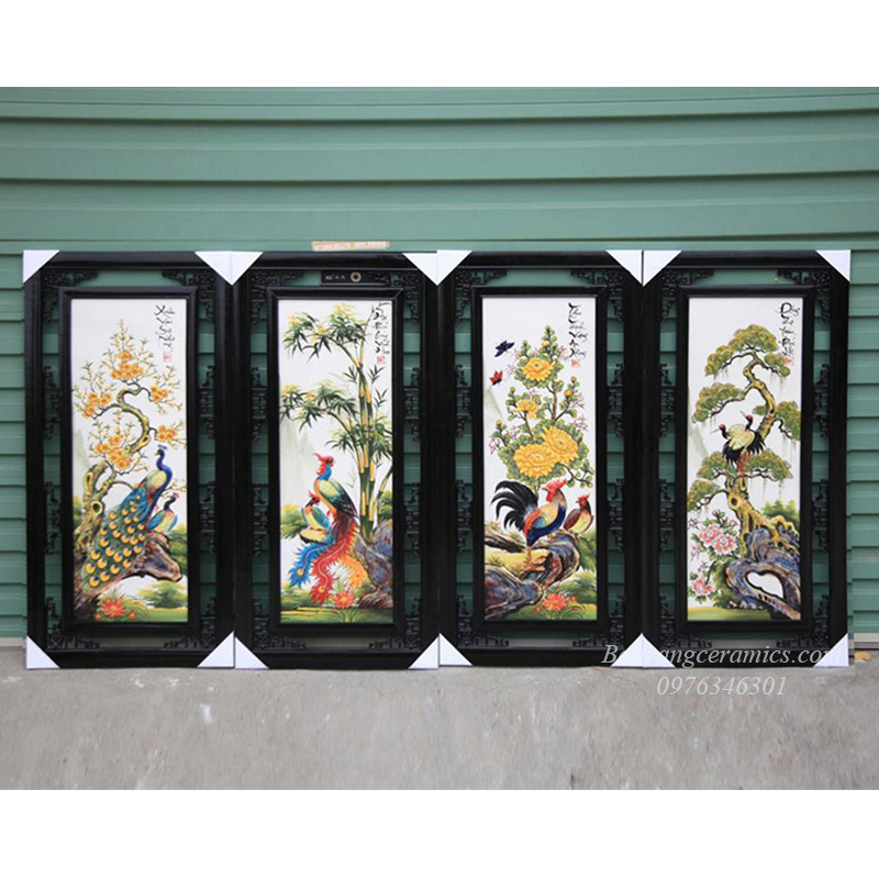 Tranh tứ quý đắp nổi 50x100cm men màu gốm sứ Bát Tràng sang trọng 