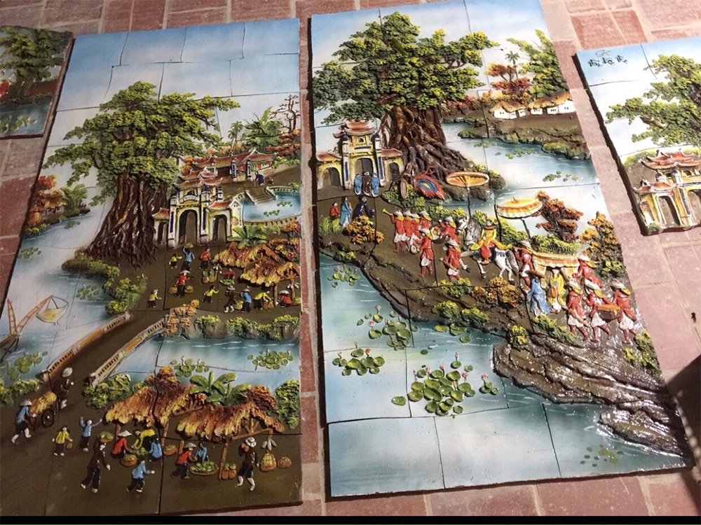 Tranh ghép gốm Bát Tràng Vinh Quy Bái Tổ Đồng Quê sang trọng 140x150cm 