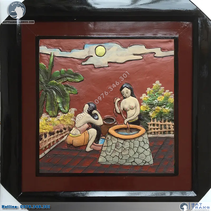 Tranh gốm Bát Tràng hai cô gái 50x50cm sang trọng uy tín 