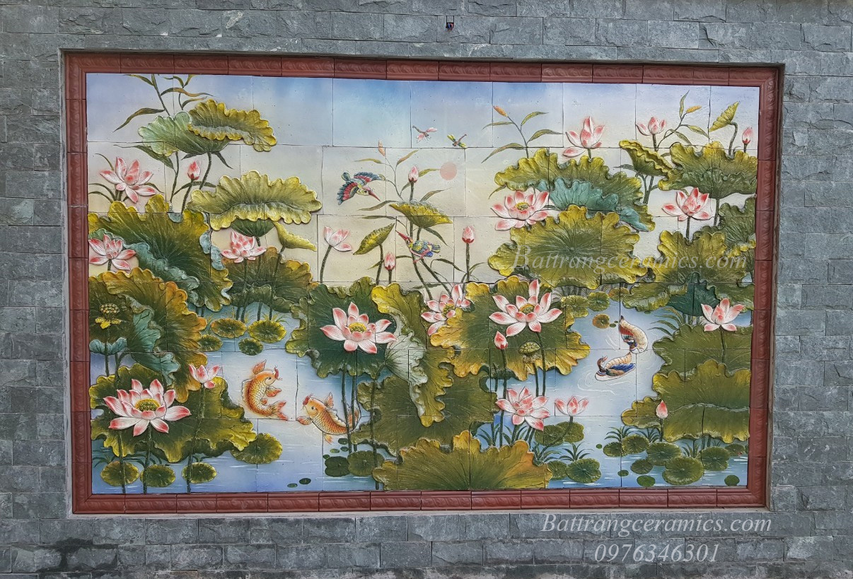 Tranh gốm cá chép hoa sen đắp nổi cao cấp tranh decor Bát Tràng 