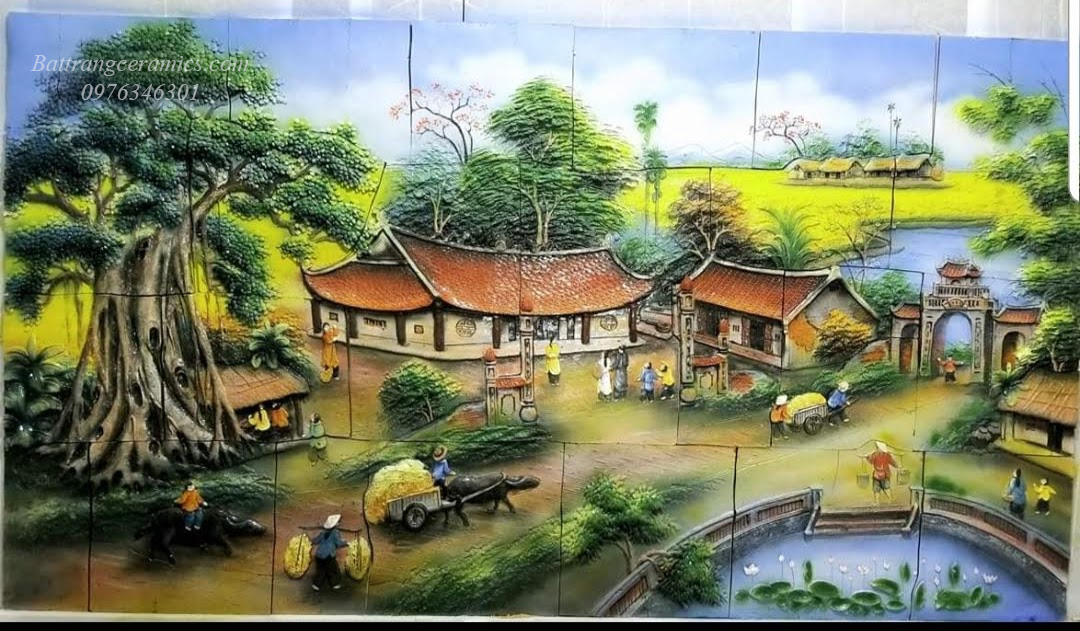 Tranh gốm ốp tường làng quê nổi bật nghệ thuật Bát Tràng độc đáo