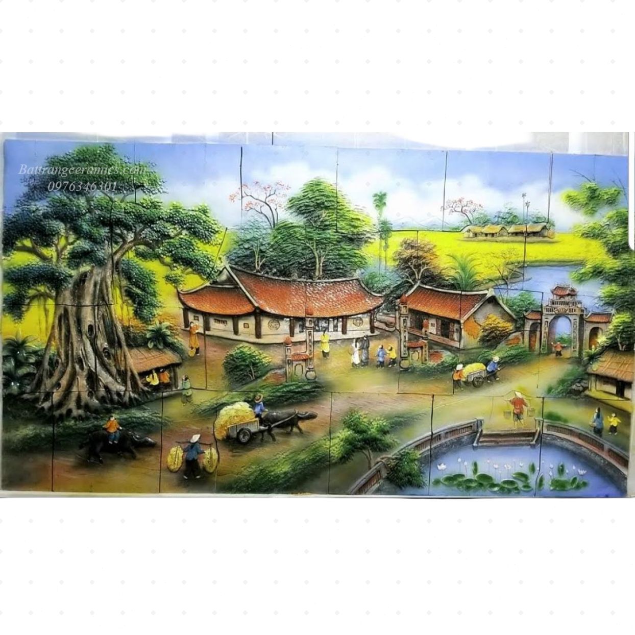 Tranh gốm ốp tường làng quê nổi bật nghệ thuật Bát Tràng độc đáo 