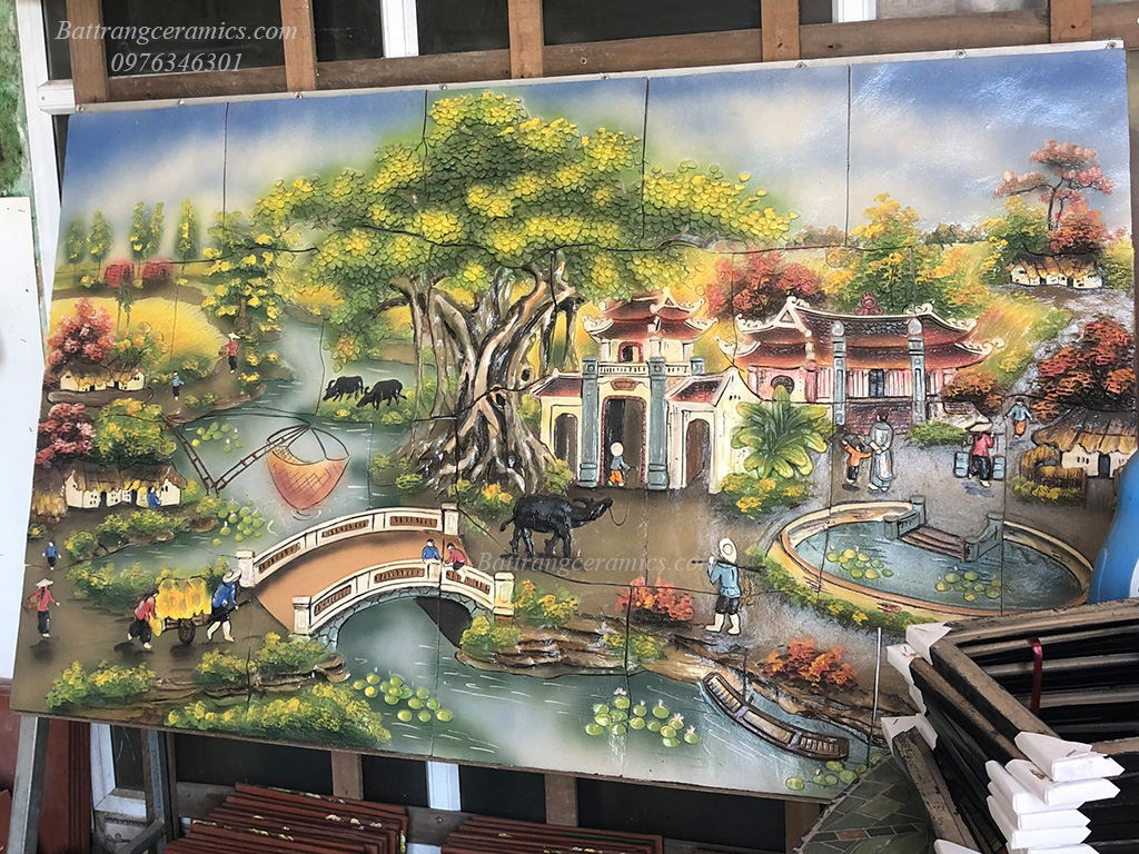 Tranh gốm ốp tường làng quê đắp nổi Bát Tràng sang trọng