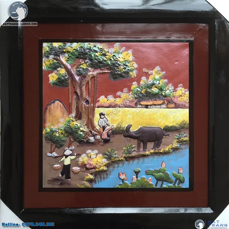 Tranh gốm sứ cảnh đồng quê 50x50cm đẹp tinh xảo, sang trọng 
