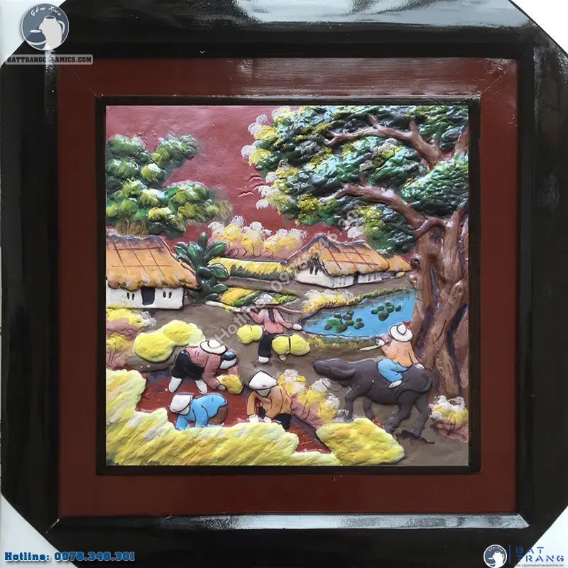 Tranh gốm sứ đồng quê 50x50cm tinh tế phong thủy trang trí 