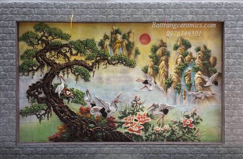 Tranh gốm ốp tường Tùng hạc diên niên đắp nổi sang trọng nghệ thuật 