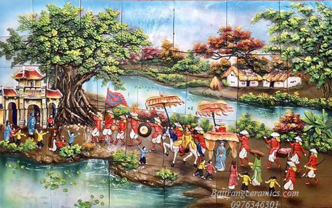 Tranh gốm ốp tường Vinh quy bái tổ sang trọng đắp nổi Bát Tràng