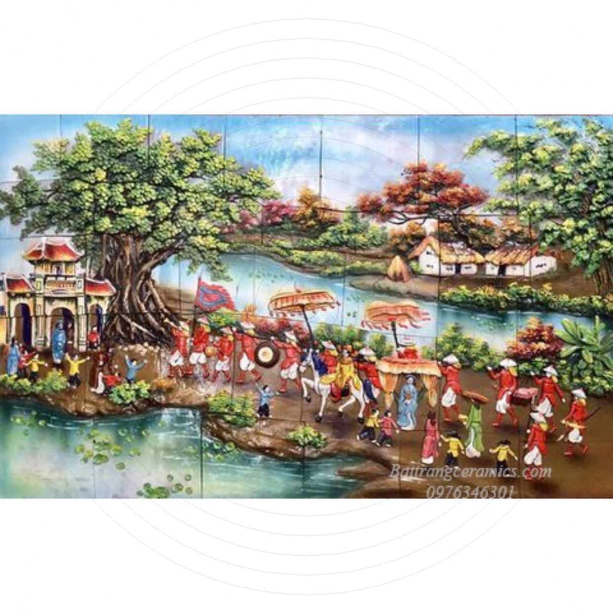 Tranh gốm ốp tường Vinh quy bái tổ sang trọng đắp nổi Bát Tràng 