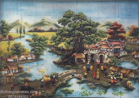 Tranh gốm ốp tường làng quê đắp nổi sang trọng Bát Tràng 