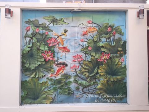 Tranh gốm hoa sen Bát Tràng đắp nổi sang trọng tranh decor 