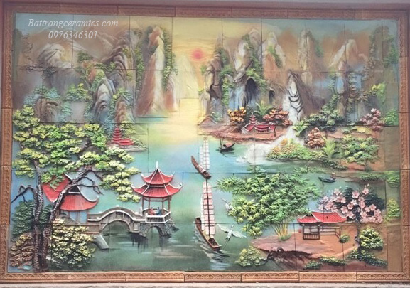 Tranh gốm sứ Bát Tràng sơn thủy hữu tình đắp nổi sang trọng trang trí