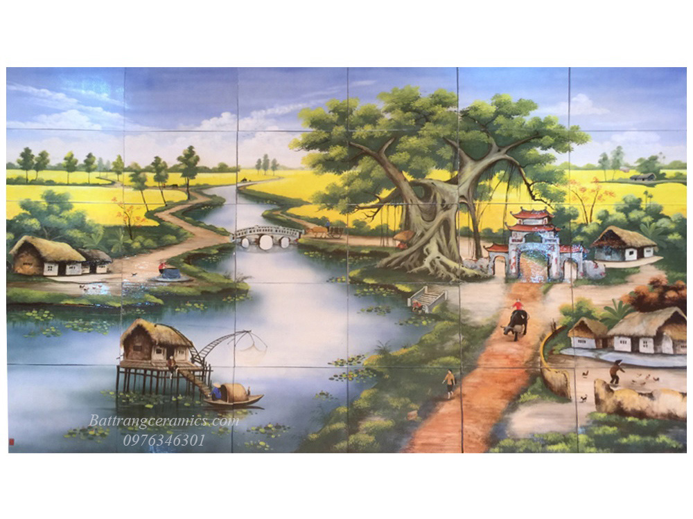Tranh gốm sứ Bát Tràng cảnh làng quê đẹp sang trọng décor tường 