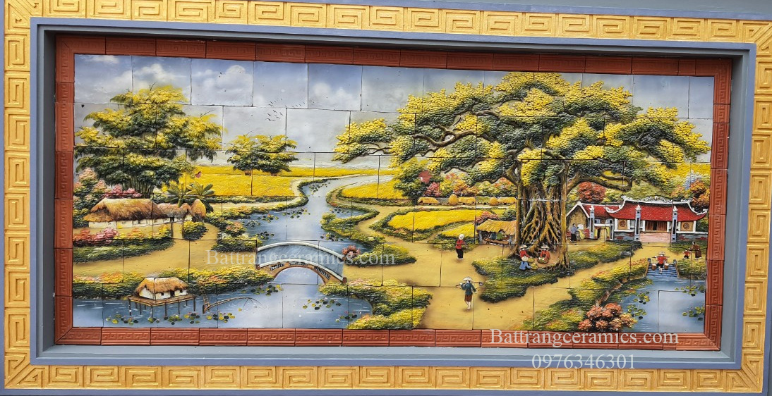 Tranh ghép gốm ốp tường làng quê đắp nổi tinh xảo sang trọng 