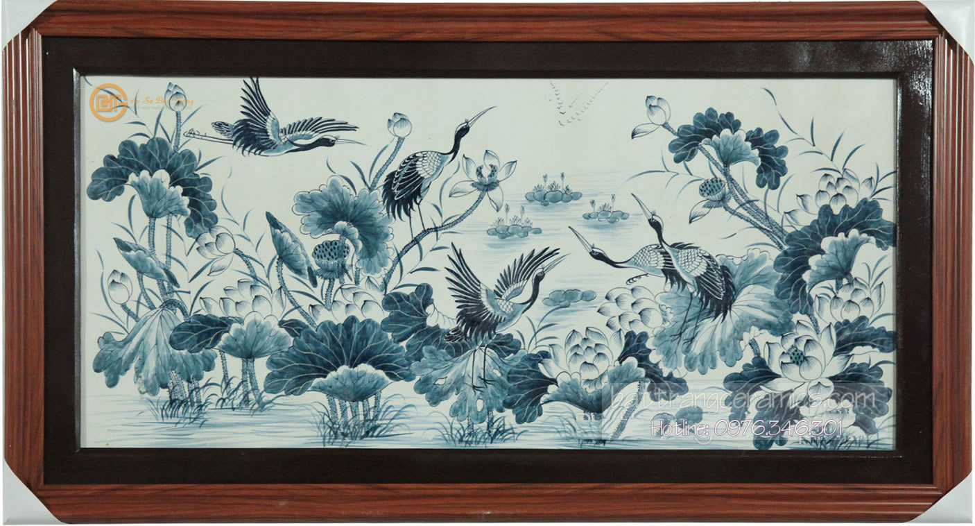 Tranh Sứ Sen hạc Bát Tràng 1.05m x 65cm đẹp sang trọng