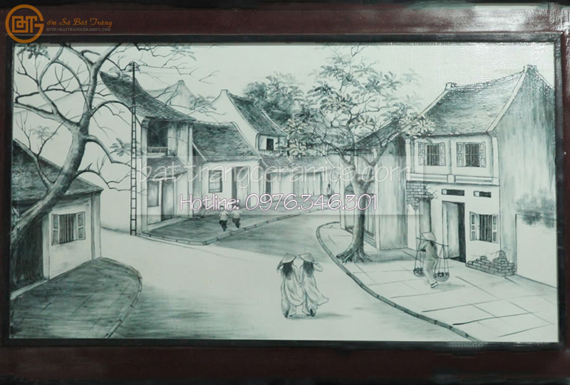 Tranh sứ Phố cổ đen trắng Bát Tràng 115x65cm nghệ thuật trang trí