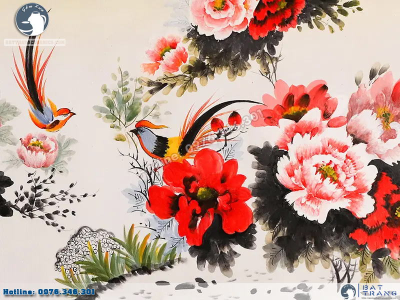 Tranh gốm sứ Bát Tràng chim trĩ hoa phù dung đẹp sang trọng