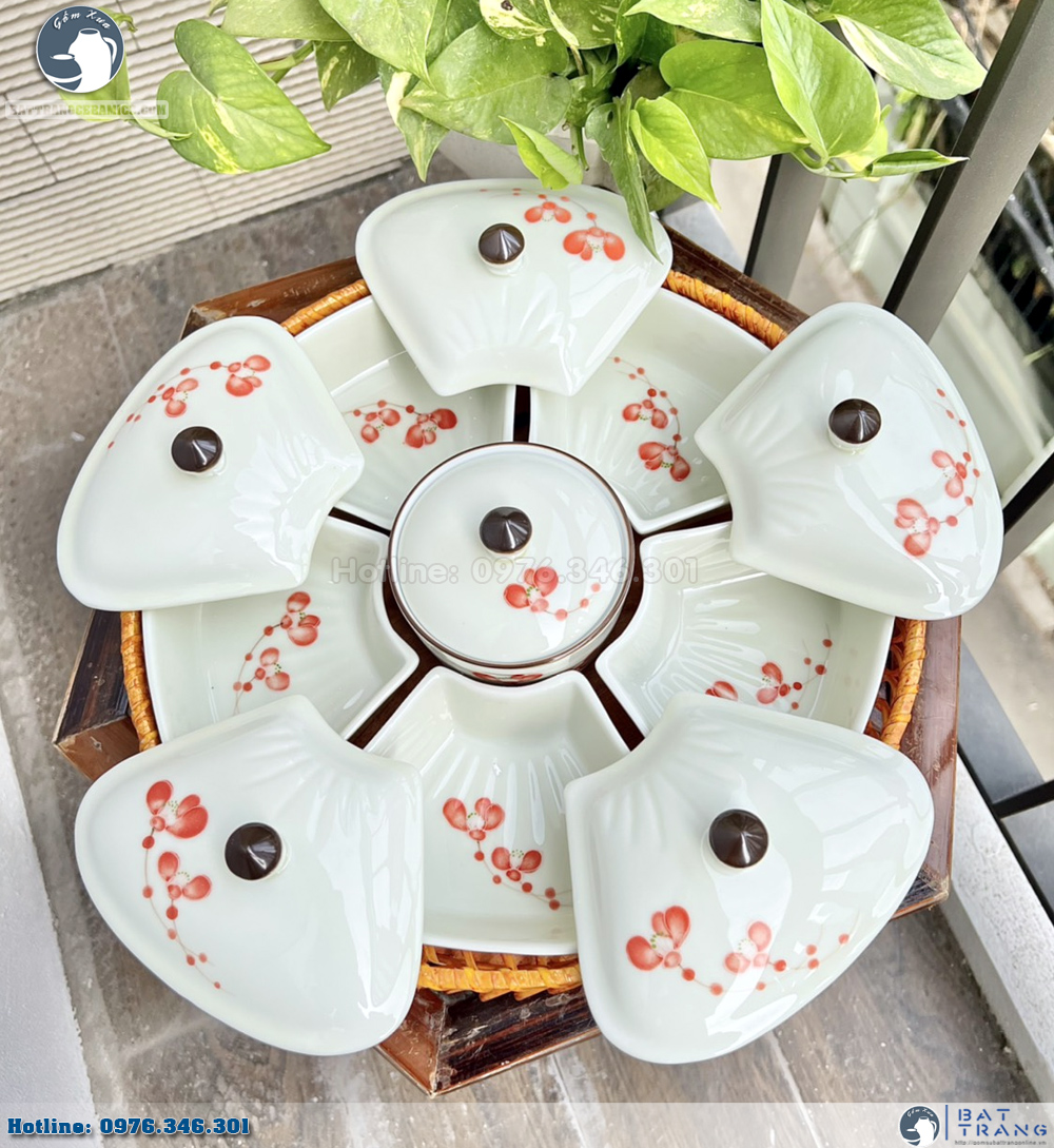 Khay mứt Tết gốm sứ hoa đào sang trọng quà biếu ý nghĩa 