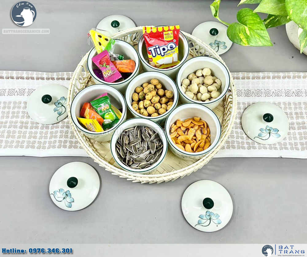 Khay mứt tết sen xanh dáng trụ gốm sứ cao cấp đón xuân 
