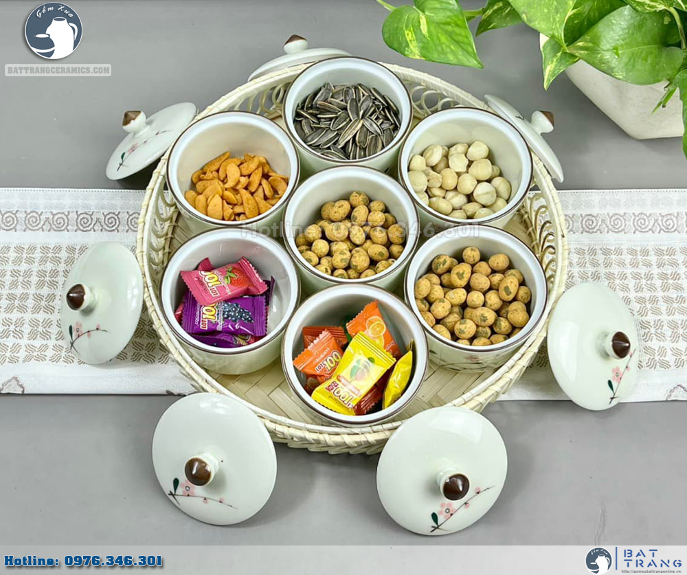 Khay mứt tết gốm sứ đào hồng dáng trụ sang trọng cao cấp tết sum vầy 