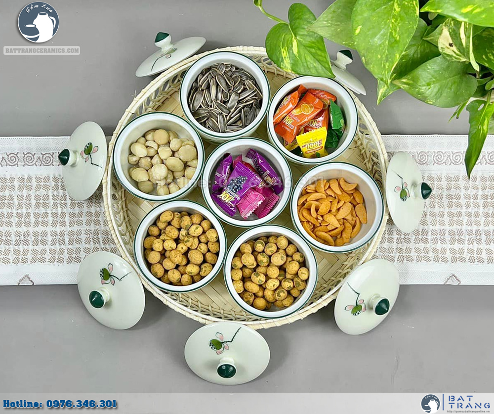 Khay mứt tết gốm sứ sen hồng dáng trụ cao cấp trang trí Tết 