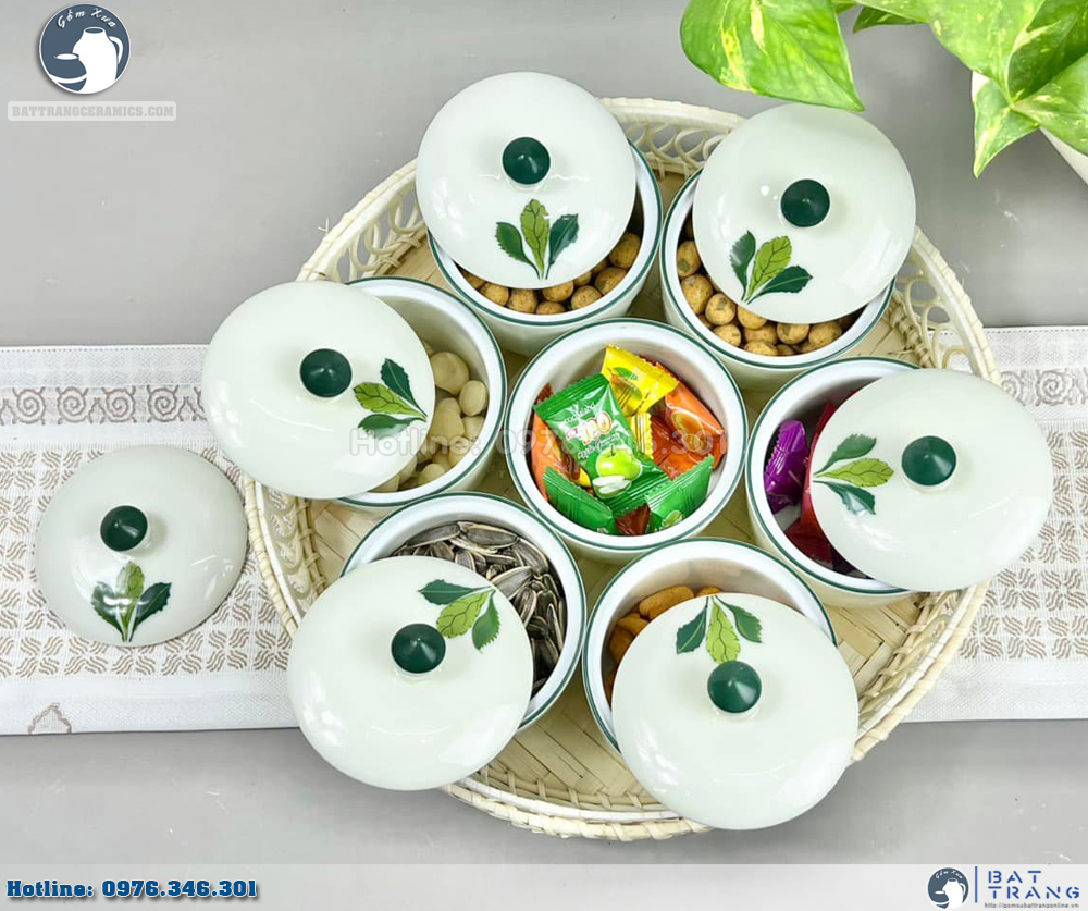 Khay mứt tết gốm sứ lá xanh dáng trụ cao cấp tiện lợi 