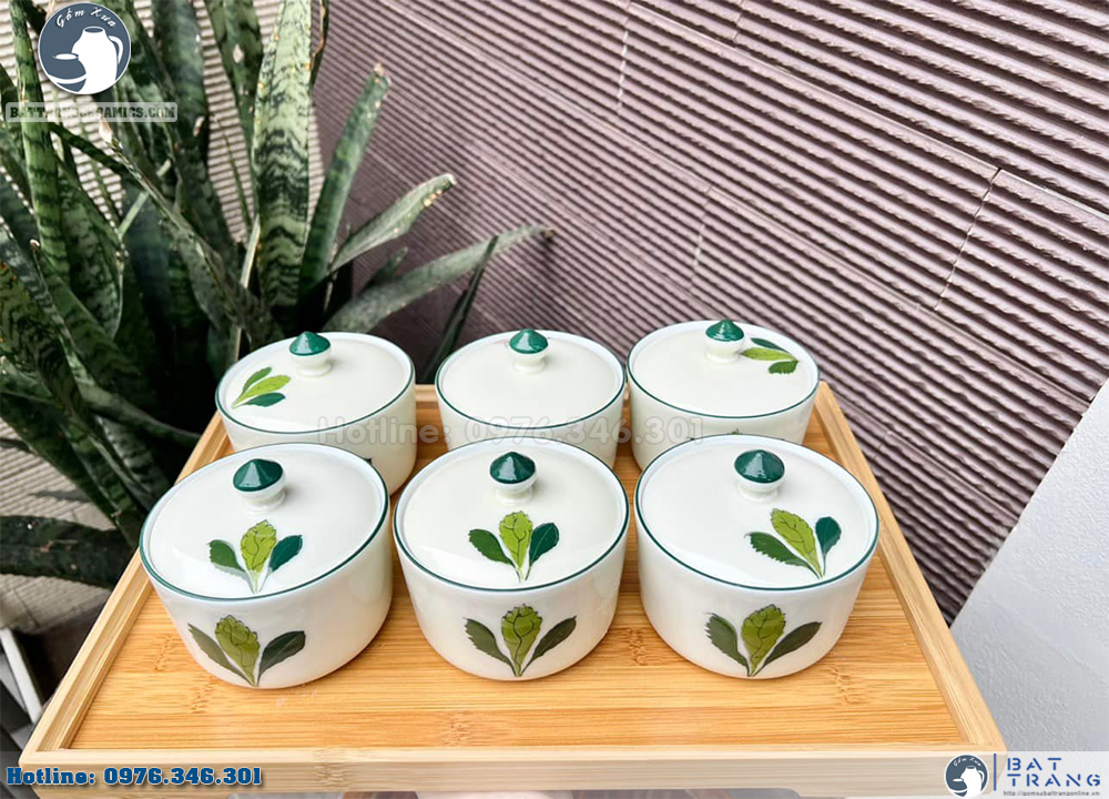 Khay mứt tết lá xanh dáng trụ gốm sứ cao cấp độc đáo bán chạy