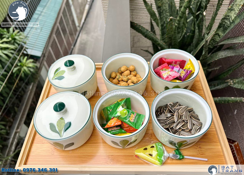 Khay mứt tết lá xanh dáng trụ gốm sứ cao cấp độc đáo bán chạy 