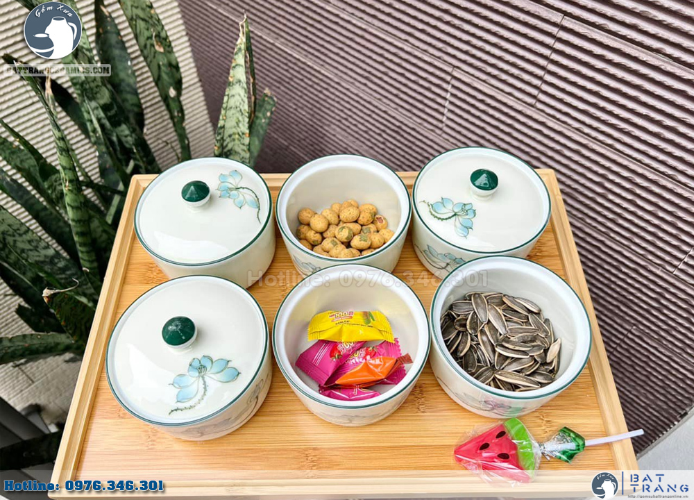 Khay gỗ đựng mứt Tết sen xanh cao cấp trang trí nhà ấm áp 