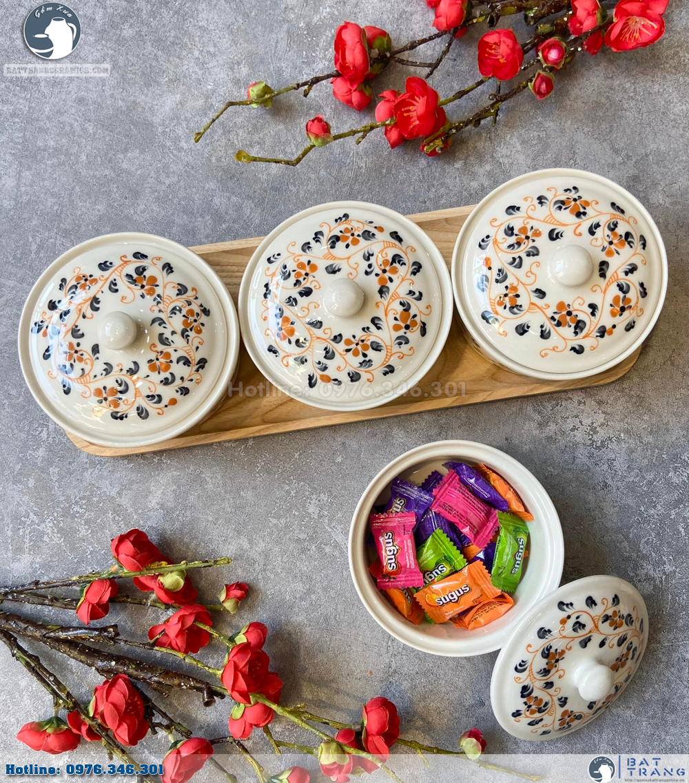 Khay mứt tết gỗ cao cấp vẽ hoa dây sang trọng độc đáo