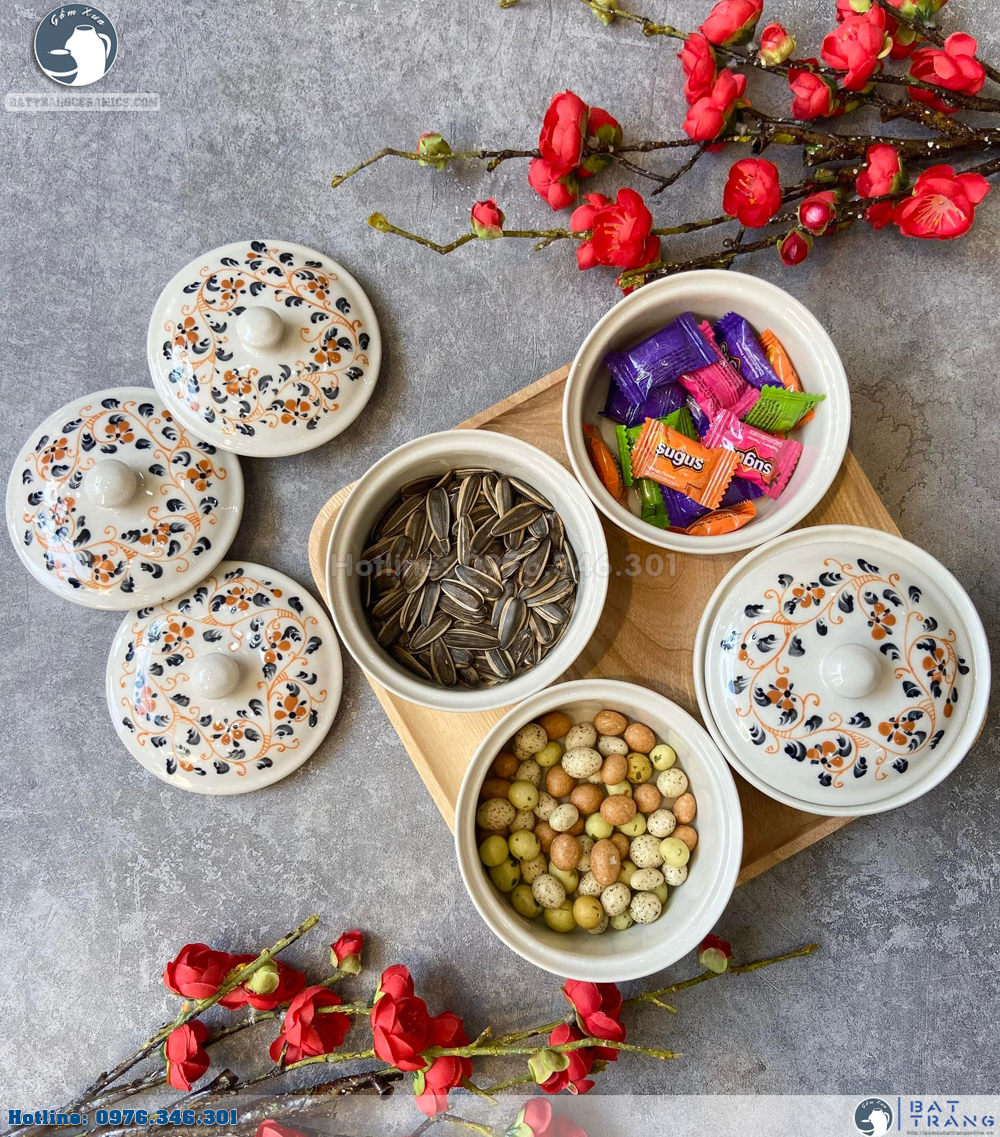 Khay mứt tết gỗ cao cấp vẽ hoa dây sang trọng độc đáo