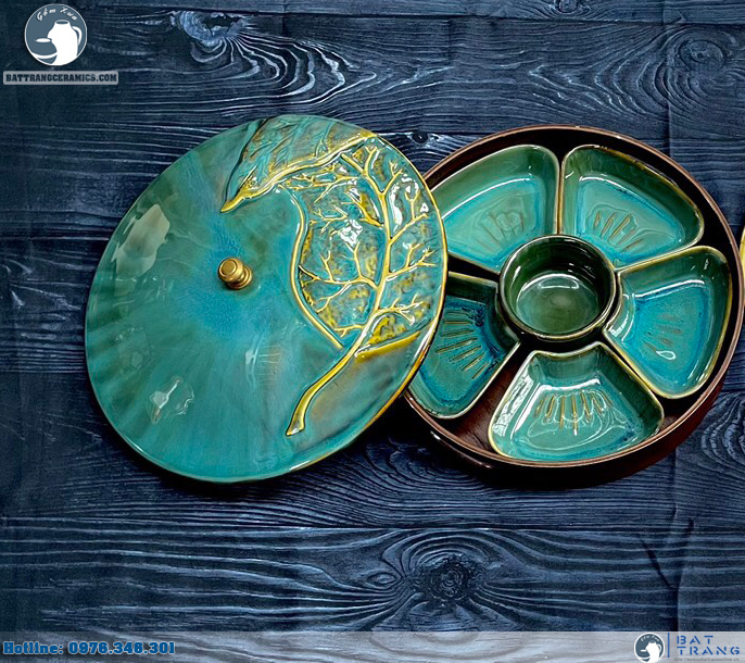 Bộ khay mứt Tết men hỏa biến cao cấp sang trọng độc đáo Bát Tràng 