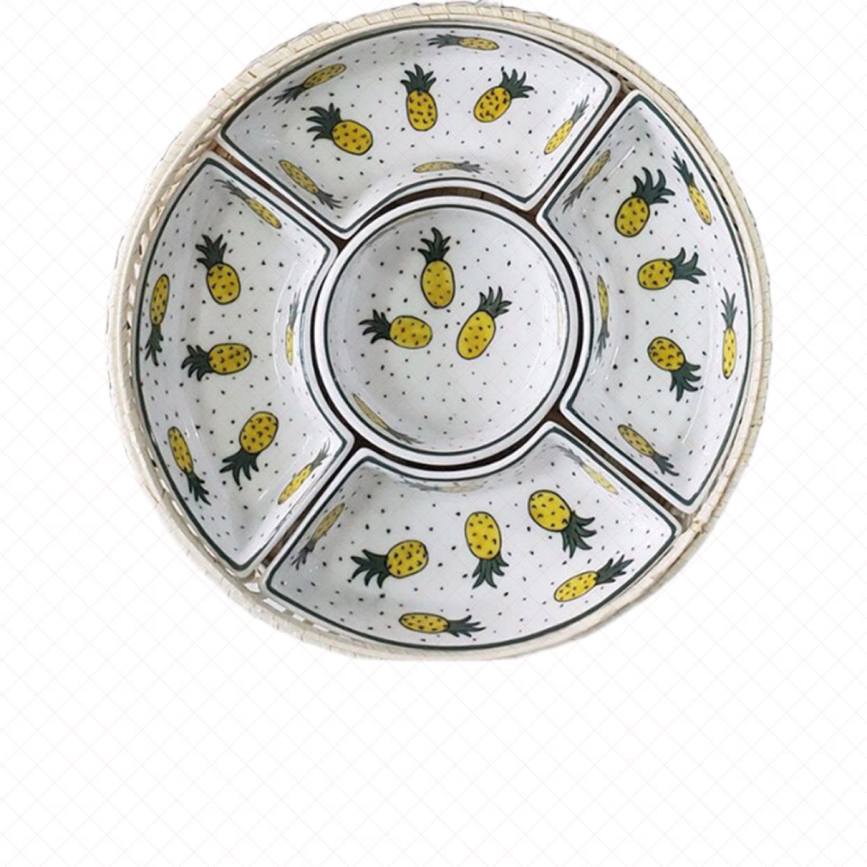 Khay mứt gốm sứ Bát Tràng cao cấp khay mây vẽ dứa trắng đẹp sang trọng 