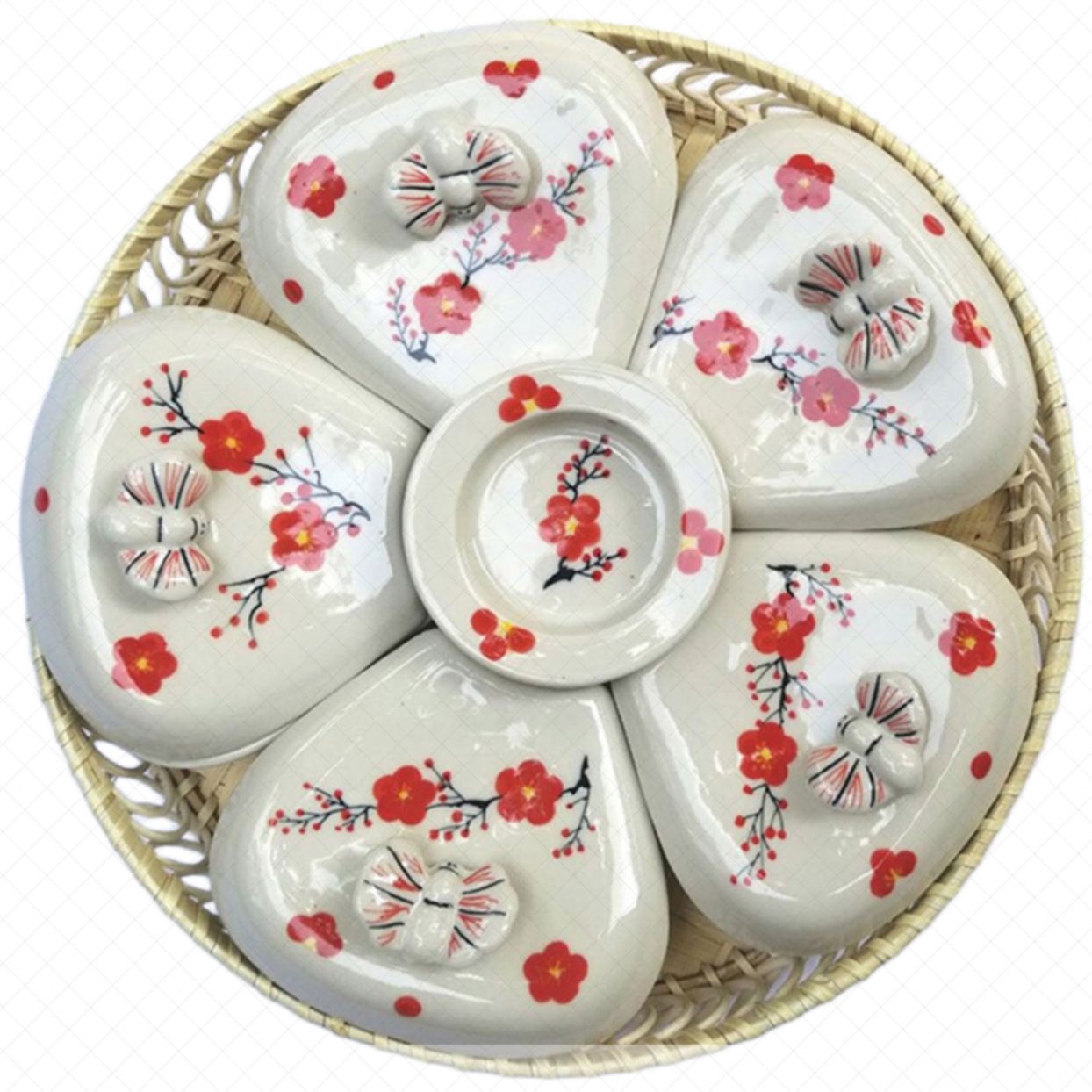 Khay mứt đế mây hoa đào 5 cánh sang trọng quà tết 