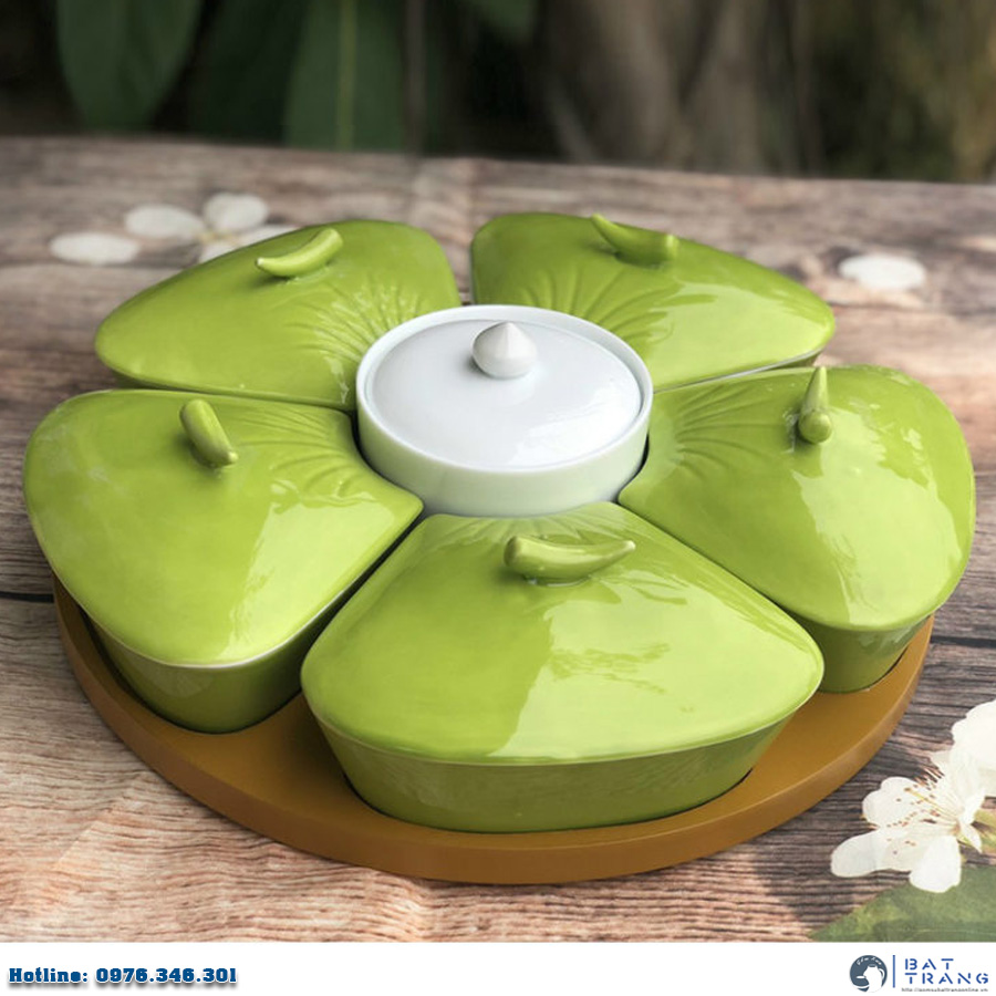 Khay đựng mứt tết gốm sứ xanh chuối cao cấp sang trọng Bát Tràng 