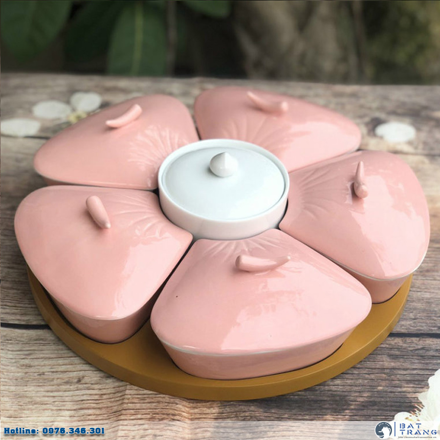 Khay đựng mứt Tết gốm sứ hồng 05 sang trọng bộ cao cấp Bát Tràng 