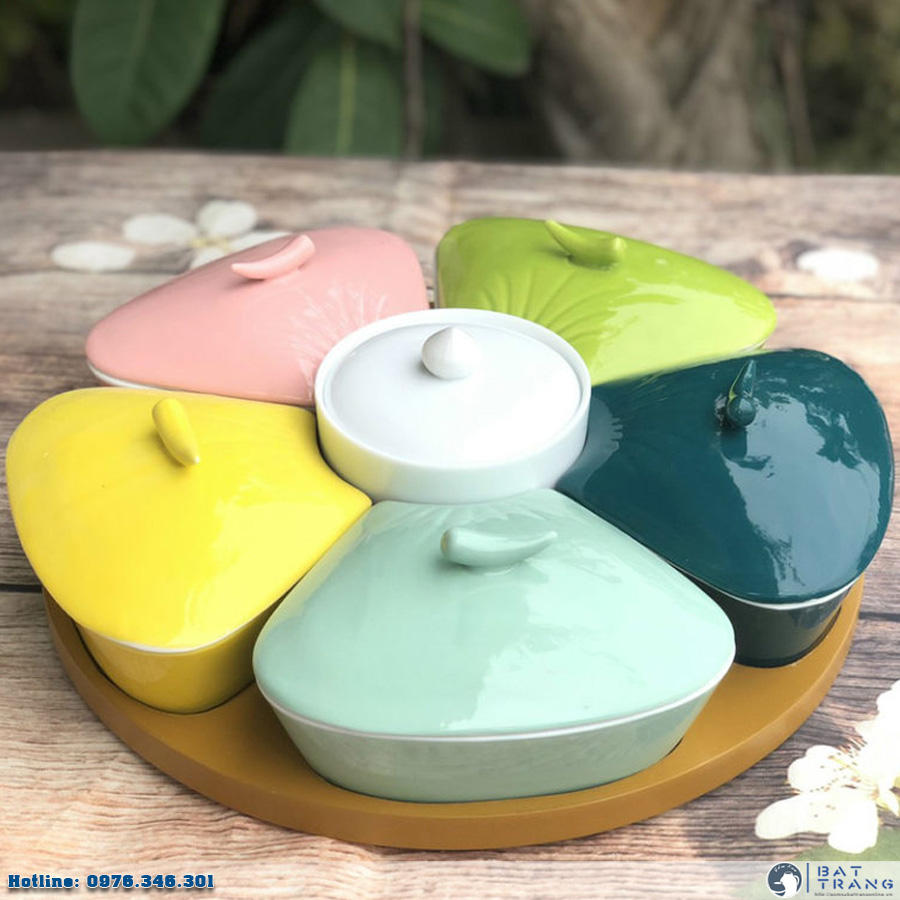 Khay đựng mứt tết gốm sứ Bát Tràng cao cấp đa màu sắc sang trọng 
