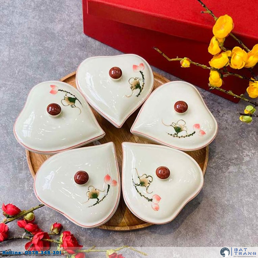 Bộ khay mứt Tết gốm sứ Bát Tràng 5 hũ sen đỏ cao cấp sang trọng 