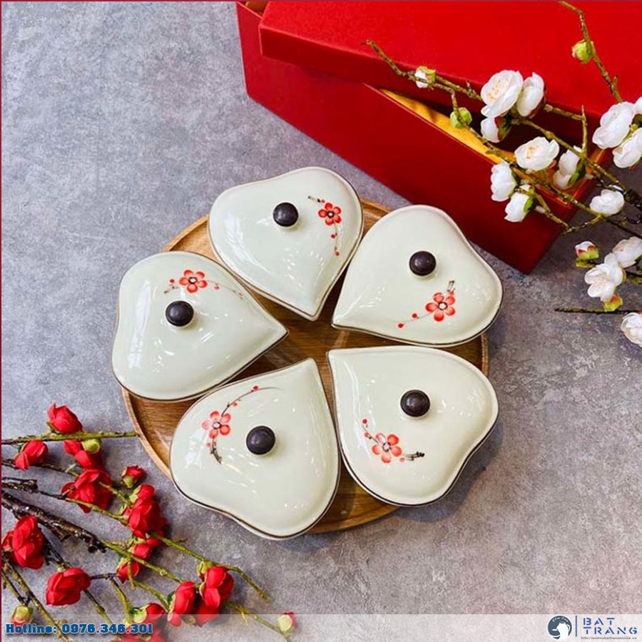 Bộ khay mứt Tết gốm sứ Bát Tràng 5 hũ đào đỏ sang trọng 