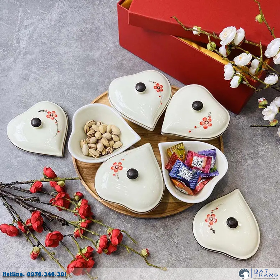 Bộ khay mứt Tết gốm sứ Bát Tràng 5 hũ đào đỏ sang trọng