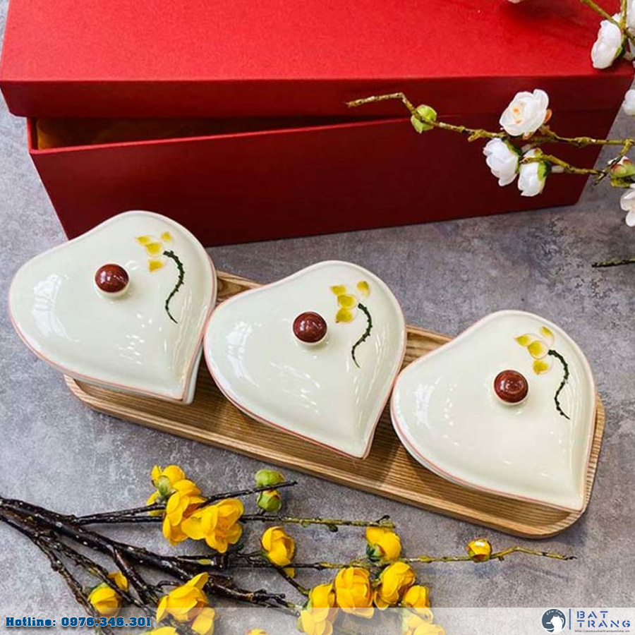 Bộ khay mứt tết gốm sứ Bát Tràng 3 hũ sen xanh cao cấp sang trọng