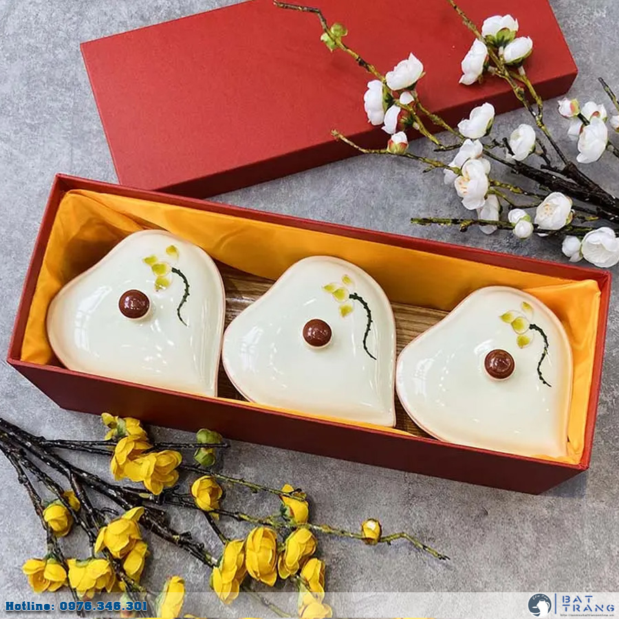 Bộ khay mứt tết gốm sứ Bát Tràng 3 hũ sen xanh cao cấp sang trọng