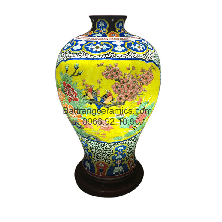 Đèn sứ thấu quang chim trĩ hoa phù dung cao 58cm chuẩn Bát Tràng