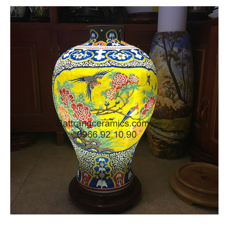 Đèn sứ thấu quang chim trĩ hoa phù dung cao 58cm chuẩn Bát Tràng