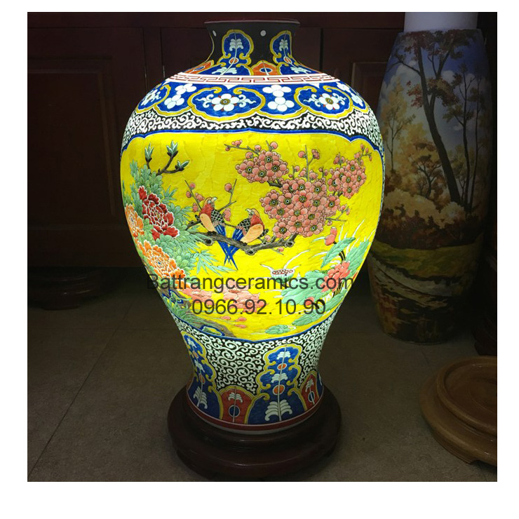 Đèn sứ thấu quang chim trĩ hoa phù dung cao 58cm chuẩn Bát Tràng