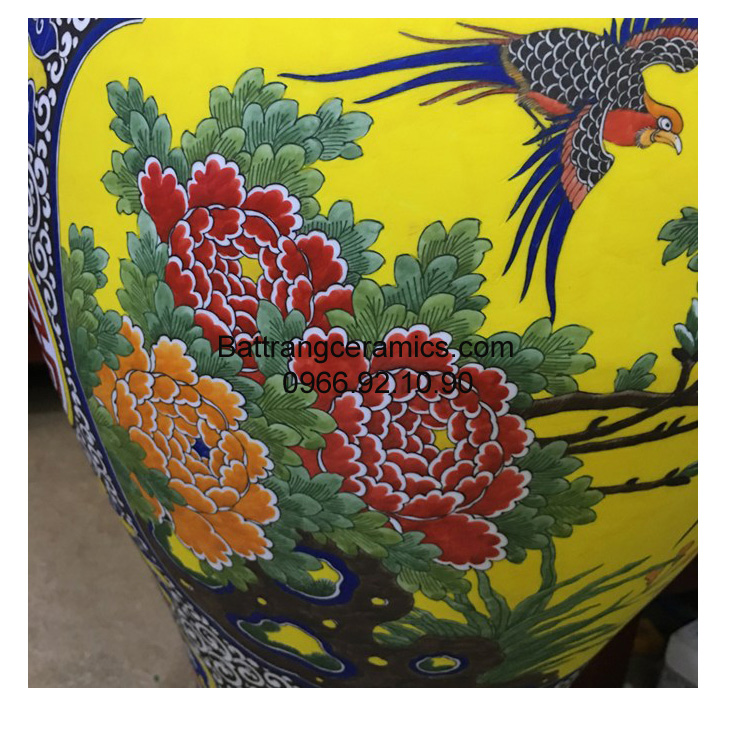 Đèn sứ thấu quang chim trĩ hoa phù dung cao 58cm chuẩn Bát Tràng