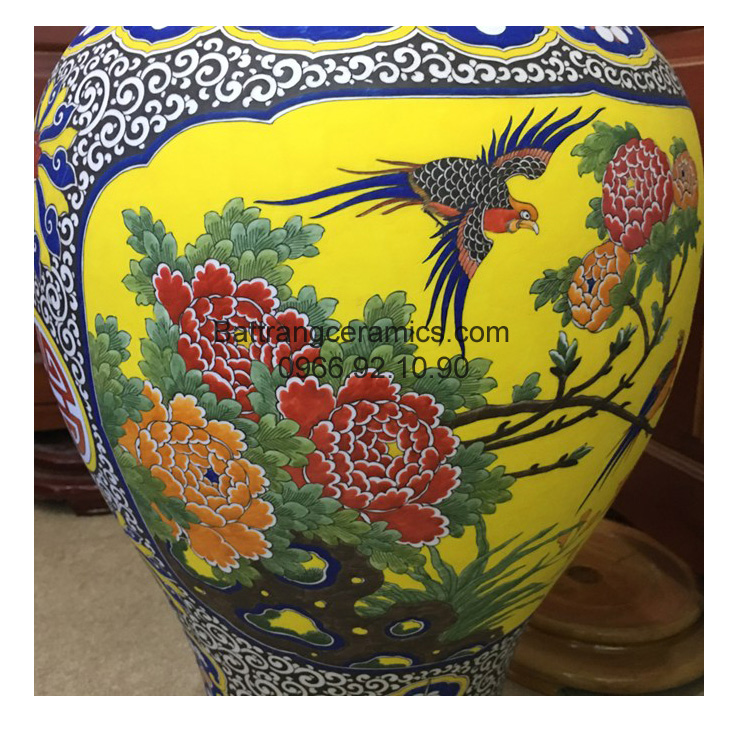 Đèn sứ thấu quang chim trĩ hoa phù dung cao 58cm chuẩn Bát Tràng
