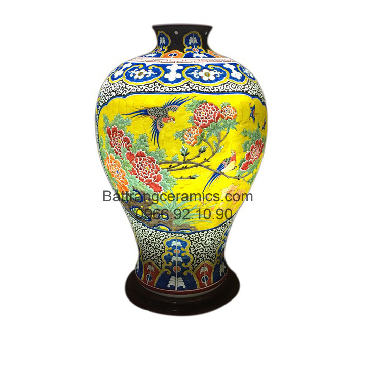 Đèn sứ thấu quang chim trĩ hoa phù dung cao 58cm chuẩn Bát Tràng
