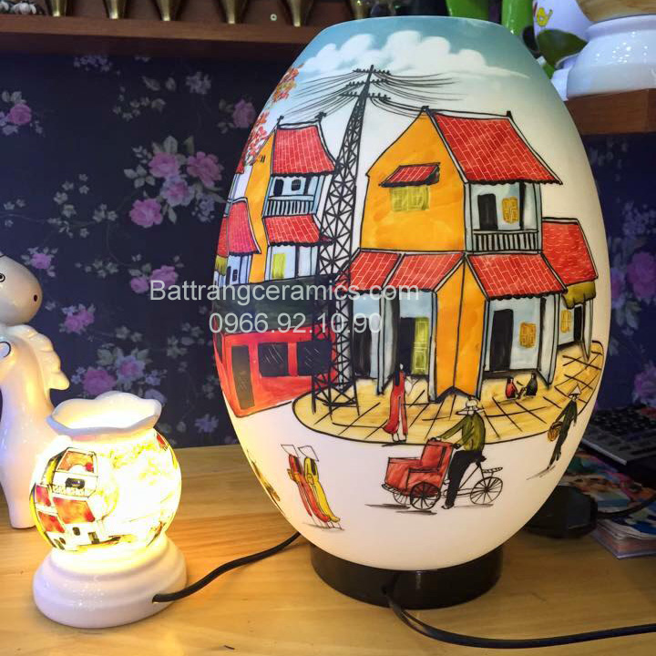 Đèn gốm sứ phố cổ Hà Nội cao 36cm quà tặng sang trọng