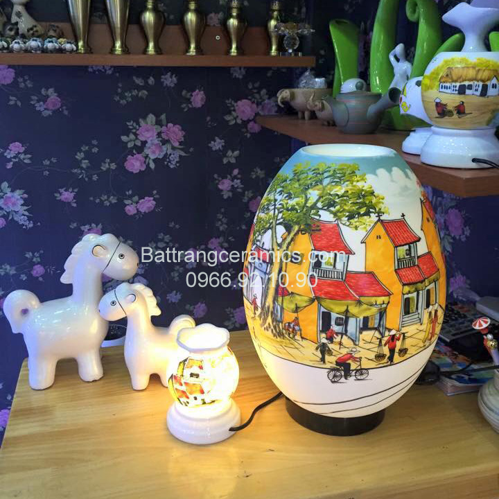 Đèn gốm sứ phố cổ Hà Nội cao 36cm quà tặng sang trọng